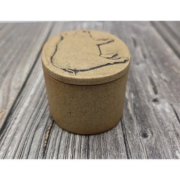 Vtg  Brown Pig w/ Apple Small Oval Stoneware Ceramic Jewelry Trinket Box Japan - Picture 5 of 12